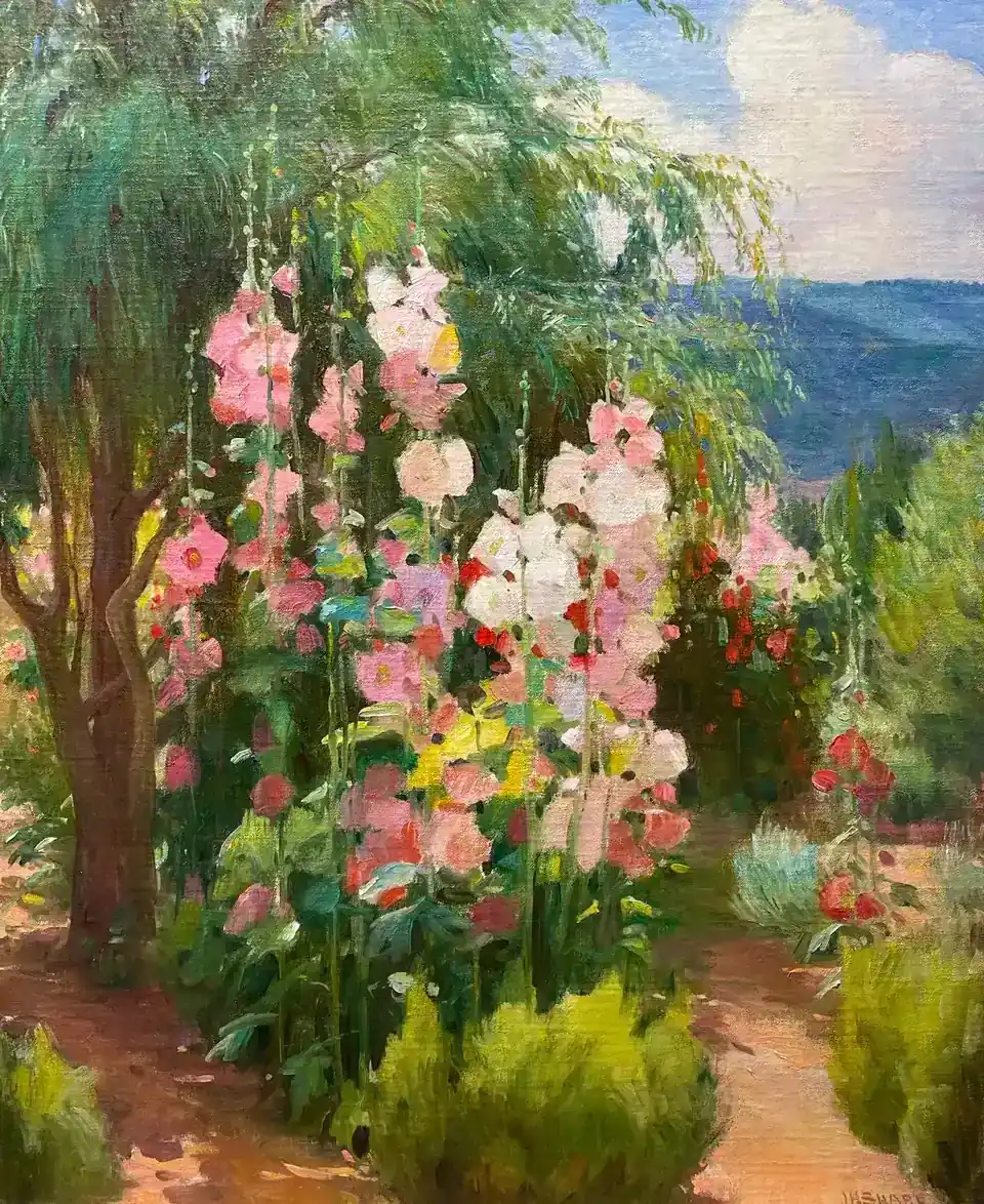 Joseph Henry Sharp, Hollyhocks, oil on canvas