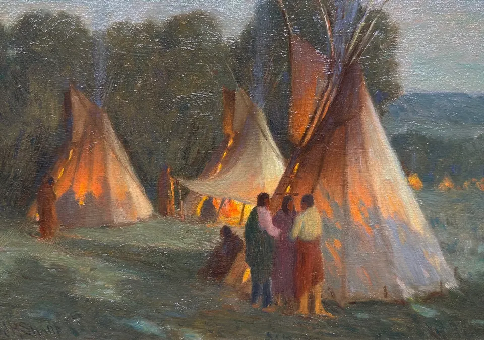 Joseph Henry Sharp, Moonlight & Firelight, Crow Reservation, oil on board